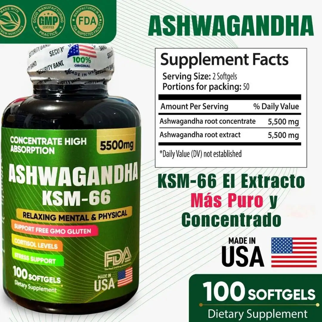 ASHWAGANDHA KSM 66 AMERICANO 5500 mg | 100 Cápsulas 100% original 🫙