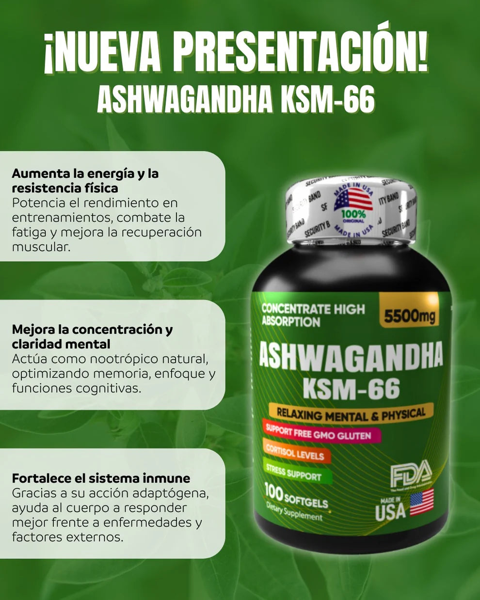 ASHWAGANDHA KSM 66 AMERICANO 5500 mg | 100 Cápsulas 100% original 🫙